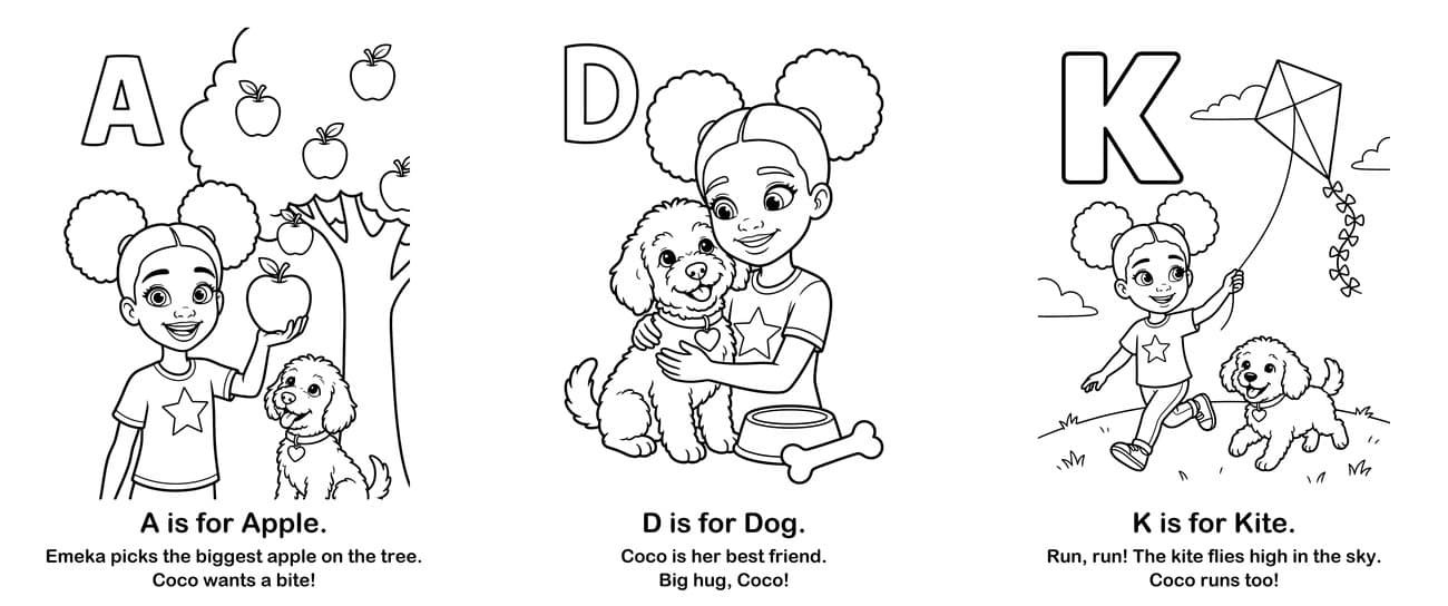 Three coloring pages: Emeka with an apple, hugging Coco, and flying a kite